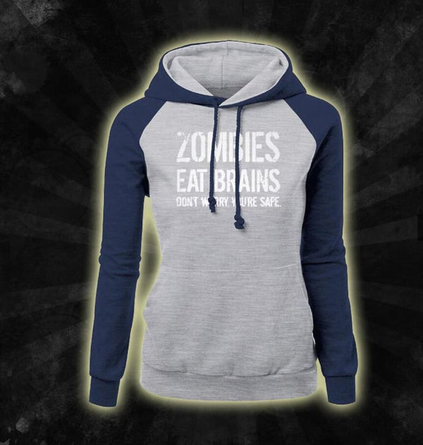 Comfortable Zombies Eat Brains Hoodie with Cool Biker Style & Unique Print - Red Cotton Spandex Blend Fleece Sweatshirt