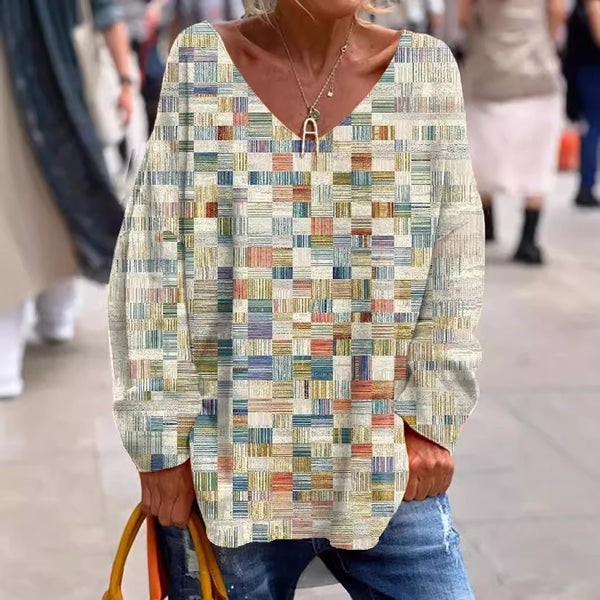 Chic Floral Print V-neck Long-sleeve Top in Brushed Milk Silk - Fashionable Casual Wear with Loose Style in Color 1 B742