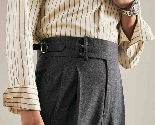 Chic Paris Buckle Suit Trousers in TR Fabric, Adjustable Business Fit for Men - Straight Pants Style.