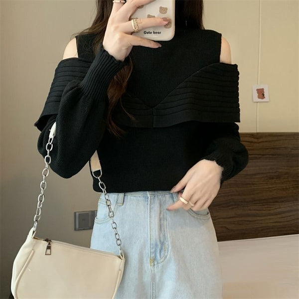 Elegant Women's Half-Turtleneck Sweater in Black/White - Korean Style Ruffle Pullover - Universal Size