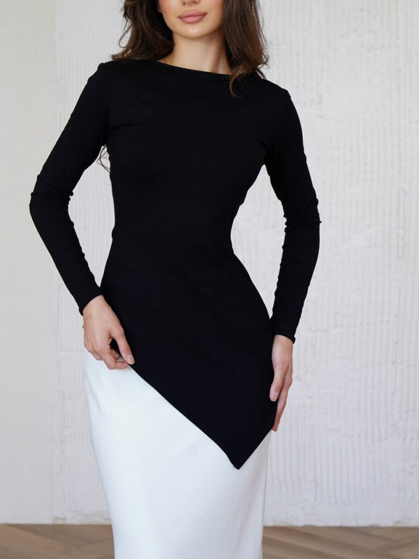 Elegant Black Long-Sleeve Top with Asymmetric Hem, High Elasticity, Polyester Fabric - Chic and Versatile Women's Apparel.