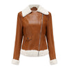 Women's Elegant Fleece Leather Jacket with Fur Collar, Winter Fashion in Camel Color