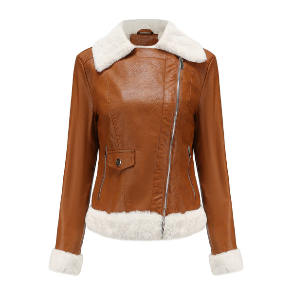 Women's Elegant Fleece Leather Jacket with Fur Collar, Winter Fashion in Camel Color