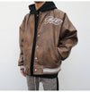 Chic Embroidered Leather Baseball Jacket in Black - Men's Stylish PU Leather Outerwear with Zipper Placket & Embroidered Design.