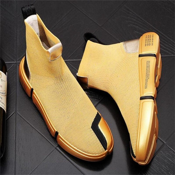 High-Top Men's Breathable Sock Shoes in Golden and Silver - Korean Style Fashion Trend with Youthful Appeal - Sizes 38 to 46.