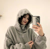 Chic Korean-Style Embroidered Hoodie in Gray, Velvet Lined, Winter Fashion