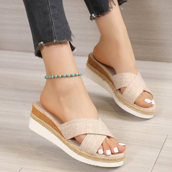 Plus Size Platform Wedges: Cross Belt Peep-Toe Slippers in Black, Camel, or Apricot - Women's Comfortable Shoes - EVA Sole - Sizes 35-43