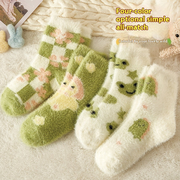 Women's Cozy Mink Fur Cartoon Animal Sleep Socks, Fun Animal Designs, High-Quality Polyester, Winter Nightwear, Cute and Breathable.