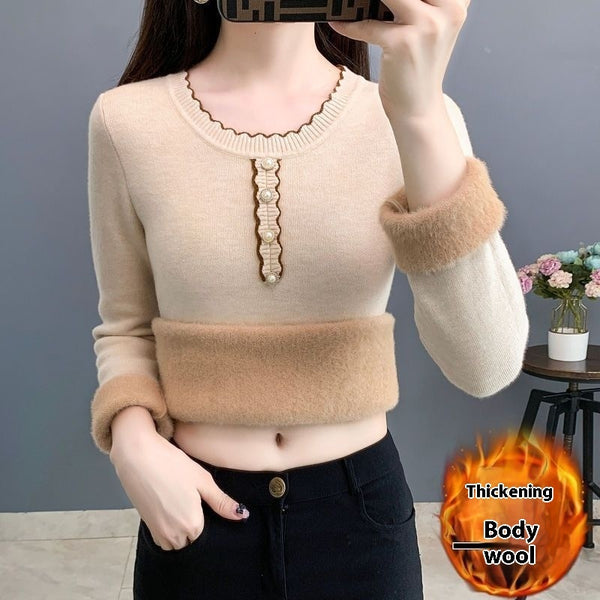 Fleece-Lined Round Neck Sweater in White – Women's Winter Fashion for Fall & Winter