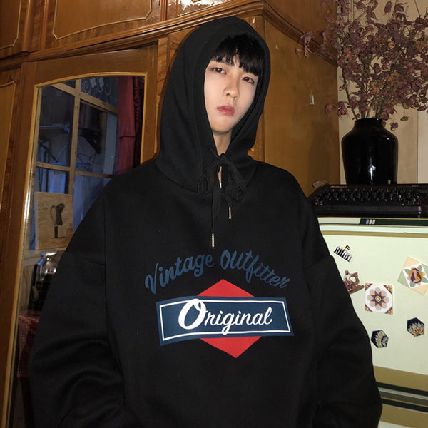 Men's Casual Loose Hooded Sweater with Alphabet Pattern - Polyester Fabric - Choose from Black, Gray, or Apricot - Sizes M-3XL