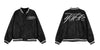 Chic Embroidered Leather Baseball Jacket in Black with Zipper Placket