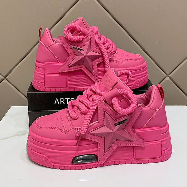 Women's Lightweight Platform Sneakers in White and Pink, Casual and Stylish with Flower Stitching and Breathable Mesh Lining