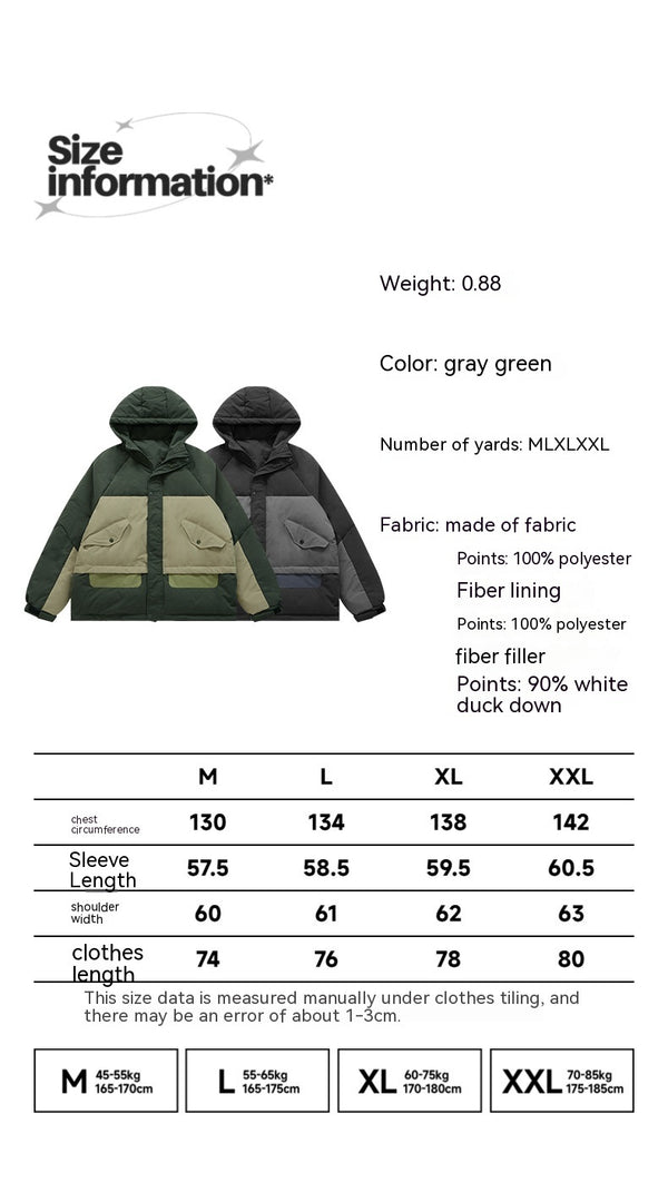 Men's Retro Workwear Down Jacket, Hooded, White Duck Down Filler, Polyester Fiber, Stylish Winter Coat