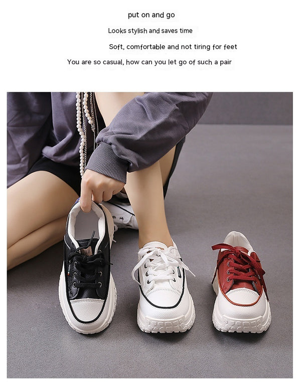 Korean Style Lightweight Running Shoes, Casual Women's Footwear in Black, White, Red - Lace-up Design, PU Upper Material