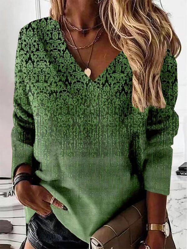 Chic Retro V-Neck Women's Long-Sleeve T-shirt in 3D Prints, Vintage Modern Style, Various Colors, Plus Size Available