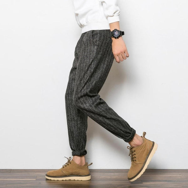 Trendy Urban Striped Cotton Harem Pants for Teens - Low-Waist Loose Fit, Elastic Waistband, Contrast Detailing.