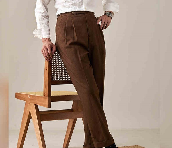 Chic Paris Buckle Suit Trousers in Imitation Wool Fabric - Business-Style Fit, Straight Pant Type - Men's Formal Wear