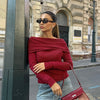 Burgundy Knitted Long-Sleeve Top, Polyester, Pullover – Women's Casual Wear