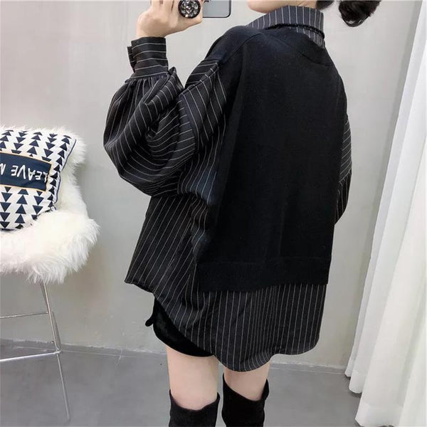 Sophisticated Patchwork Two-Piece Style Shirt in Black, White, or Gray - Women's Casual Chic Cotton Shirt - Long-Sleeve Korean Fashion Top