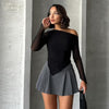 Elegant Black One-Shoulder Pleated Top for Women - Stylish and chic long-sleeve micro-transparent polyester top.