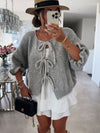 Chic 3/4 Sleeve Cardigan Sweater in Gray - Polyester Fabric, Lace-up & Ruffled Sleeves - Women's Fashion Wear.