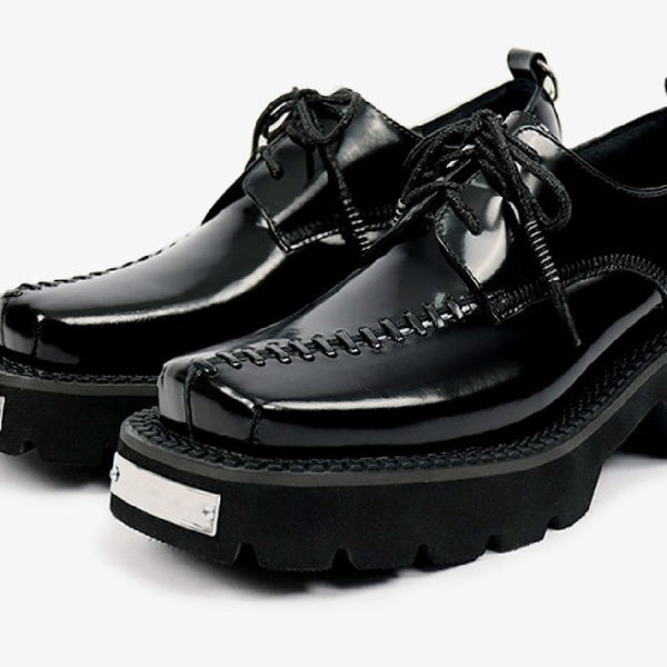 Classic British Style Thick Sole Black Leather Shoes with Square Toe and Premium Rubber Sole - Men's Fashion Footwear