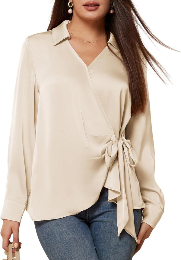 Elegant Waist Trimming Lace-up Shirt in Milk Silk - Various Colors - Sizes S to XXL - Women's Fashion Trend