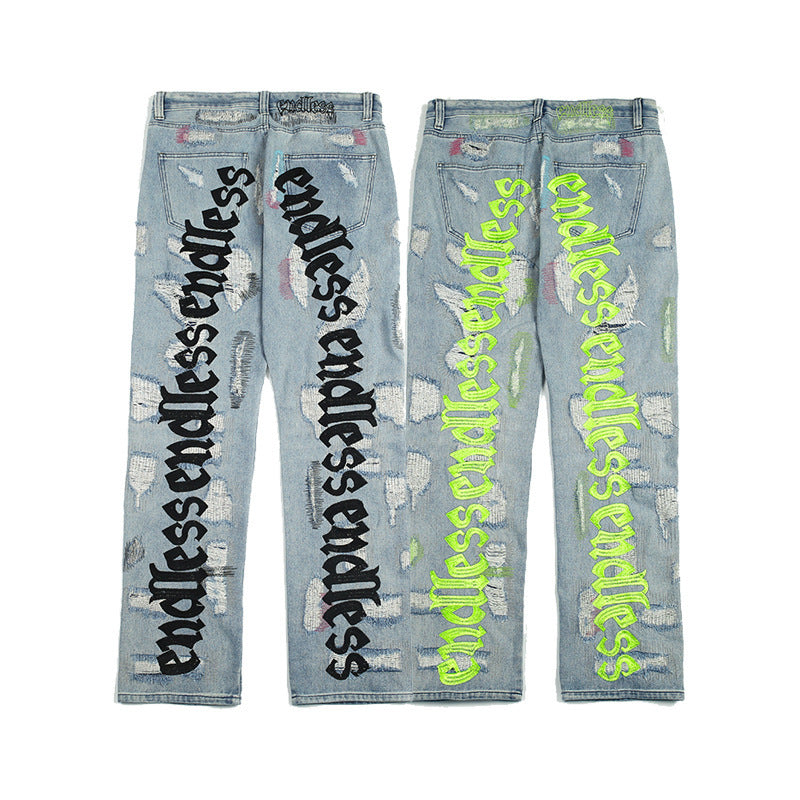 Embroidered ripped vintage jeans trousers