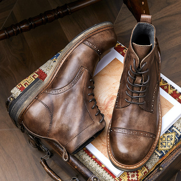 Genuine British-Styled Leather Martin Boots for Men in Brown, High-Top, Stylish, Durable & Comfortable, Sizes 38-44