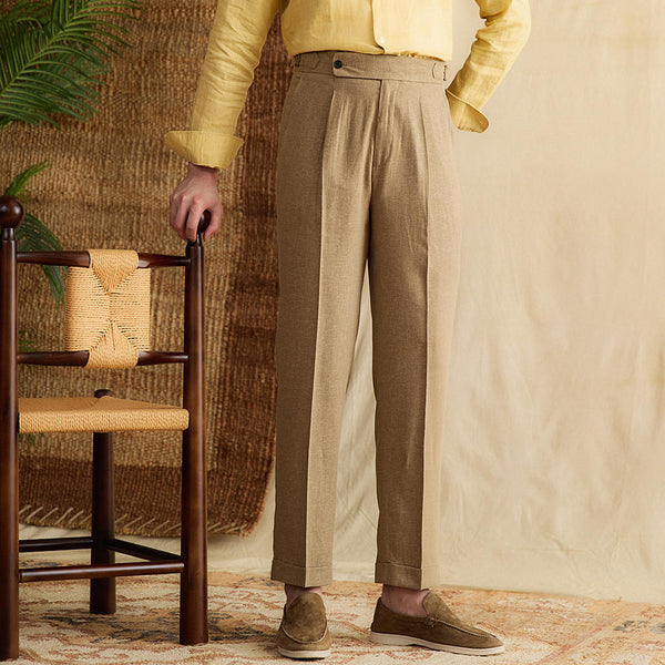 High-Waist Men's Casual Pants in Lyocell Cotton Blend, Khaki & Brown, Lightweight Trousers, Urban Style.