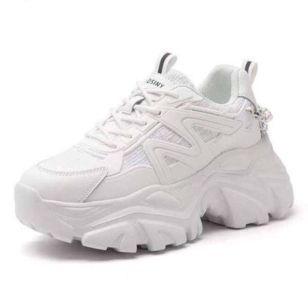 Sleek White Elevator Sneakers with Resin Sole and Ribbon Detail, Women's Fashion Shoes