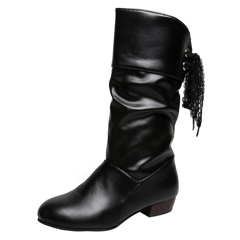 Student Knight Low Heel Round Head Slingback Mid-calf Boots