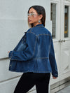 Chic Dark Blue Denim Jacket with Decorative Pockets, Long Sleeve Women's Outerwear