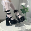 Elegant women's bow high heels with block heel, round toe design, perfect for all-season wear and stylish comfort.