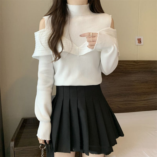 Elegant Korean-Style Half-Turtleneck Sweater - Universal Fit, Black or White, Ruffle Detail - Women's Pullover Fashion