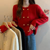 Chic Double-Breasted Knitted Cardigan in Solid Colors, Beige, Red, Pink, Khaki, Black. Casual Asian & Korean Style, Medium-Thick Polyester Fabric.