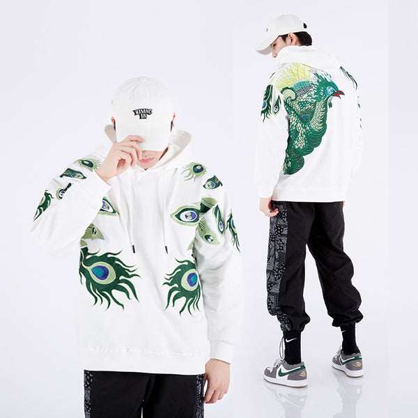 Men's Cotton Hooded Sweater with Peacock Embroidery in White and Black - Stylish Jacket Style