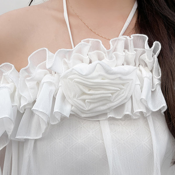 Flirty Off-Shoulder Chiffon Top in Lantern Sleeve Design, Various Colors, Women's Petite Sizes