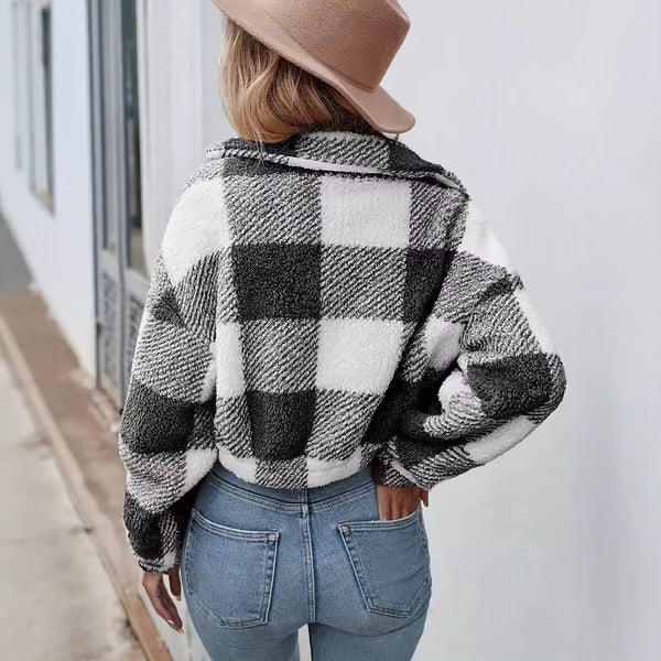 Chic Women's Striped & Plaid Short Coat in Black - Versatile & Comfortable Polyester Jacket - Sizes S to XL