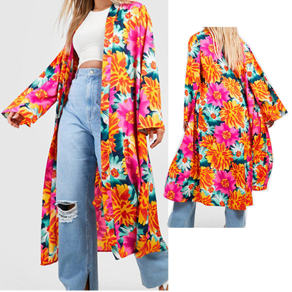 Stylish Geometric-Pattern Long Coat Pajamas/Cardigan in Blue Geometry - Polyester Fiber, 4 Seasons, Luxury, Sizes XXS-XXXL