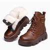 Winter Women's Plush Fur Lined Snow Boots in Black - Front Lace-Up Low-Top Wedge with Non-Slip Platform Heel