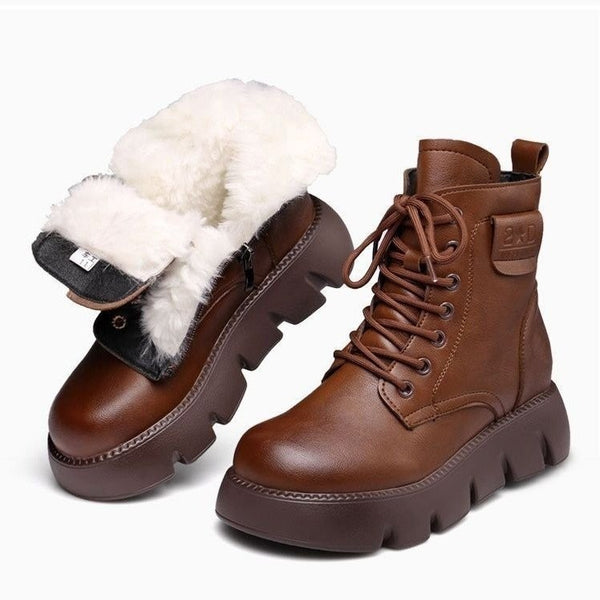 Winter Women's Plush Fur Lined Snow Boots in Black - Front Lace-Up Low-Top Wedge with Non-Slip Platform Heel