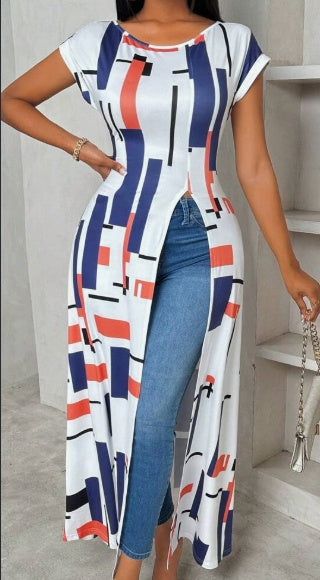 Women's Geometric Print High-Slit Maxi T-Shirt - Trendy & Comfortable Summer Top