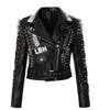 Bold Graffiti-Style Punk Rock Leather Jacket with Bead Embellishments and Rivets in edgy Black. Punk fashion at its finest.