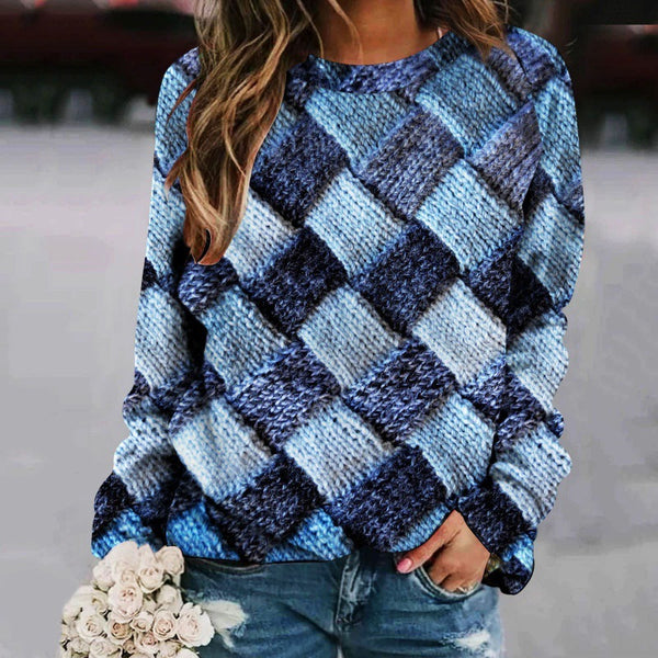 Chic Botanical Print Patchwork Sweater with Long Sleeves