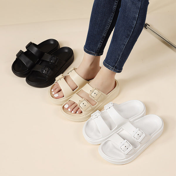 Women's Double Buckle Slippers in Black - Non-slip Beach Sandals