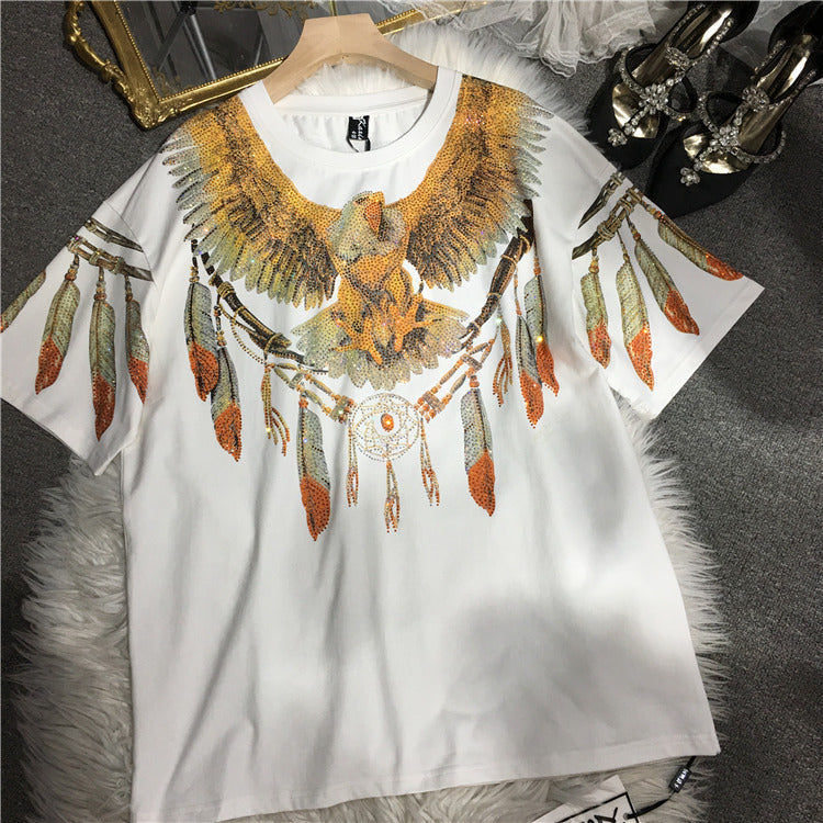 Rhinestone Loose Double-sided Eagle Short Sleeve