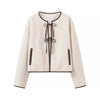 Womens Chic Bow Tie-Front Top in Milky White, Round Neck, Long Sleeves. Casual and Stylish.