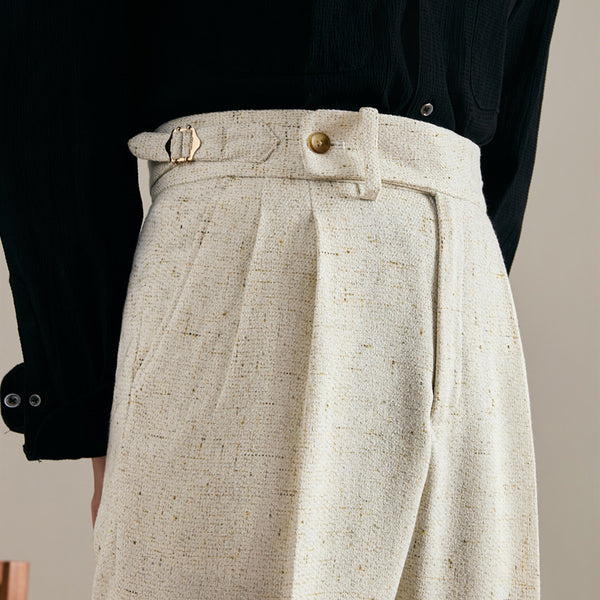 Men's Pleated Linen Trousers Straight Leg Off-White Casual Formal Comfort Fit High Waist Linen Polyester Hemp.