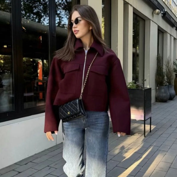 Chic Women's Retro Polo Collar Coat in Wine Red, Gray & Dark Brown - Polyester Coat with Pockets & Long Sleeves